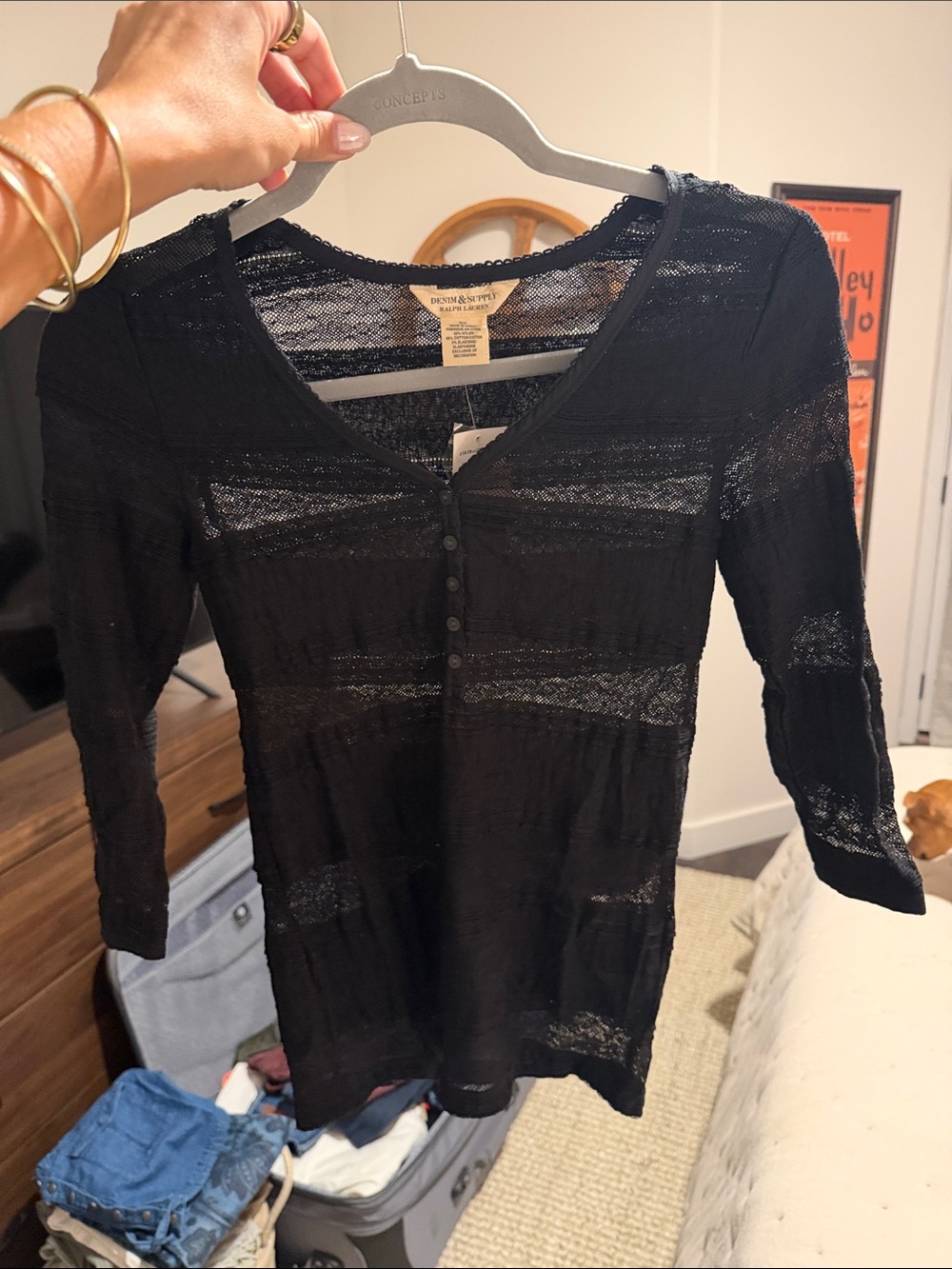 Denim & Supply Ralph Lauren Black Sheer Knit Henley Camisole Top